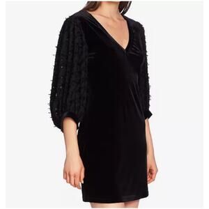 1.STATE Dress Size Extra Small Velvet Black Mini Sheer 3D Applique Sleeves Mini